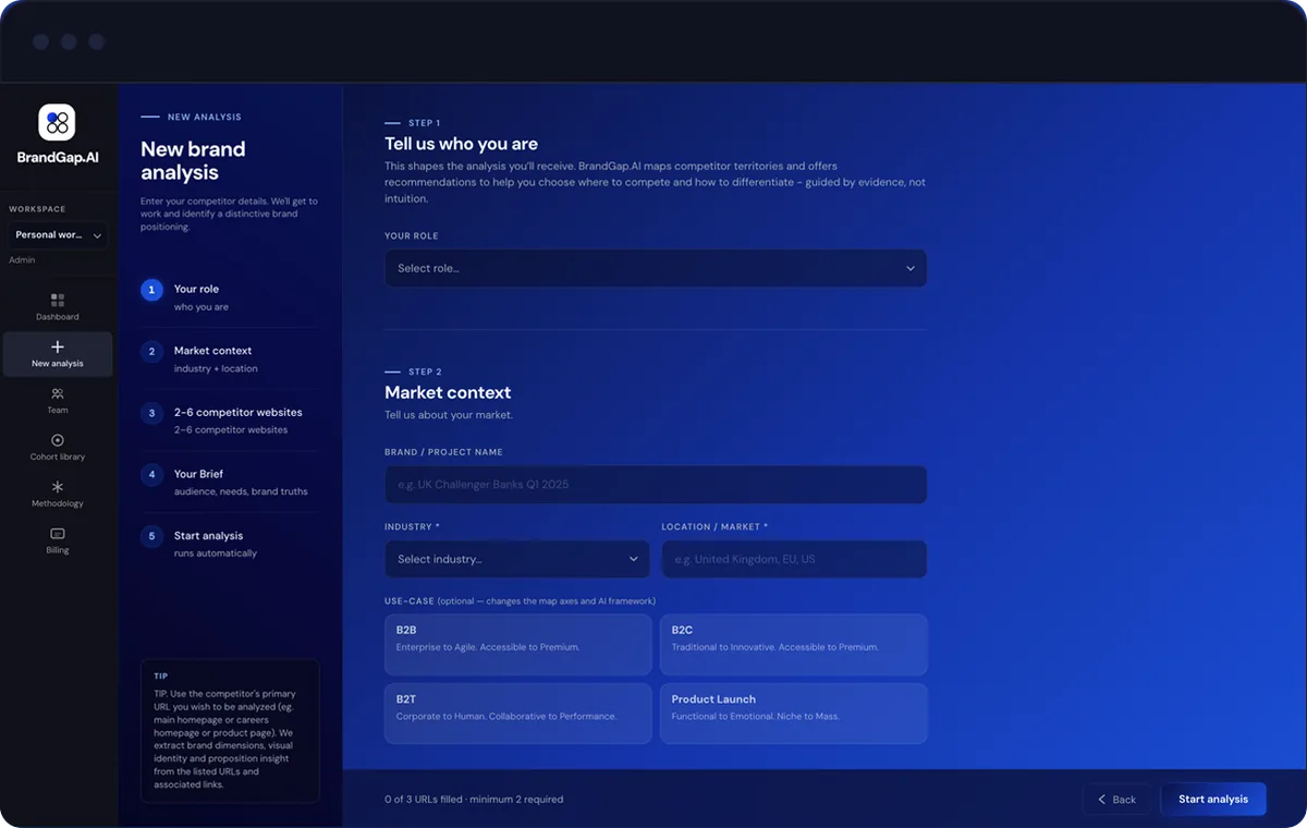 BrandGap.AI new brand analysis interface